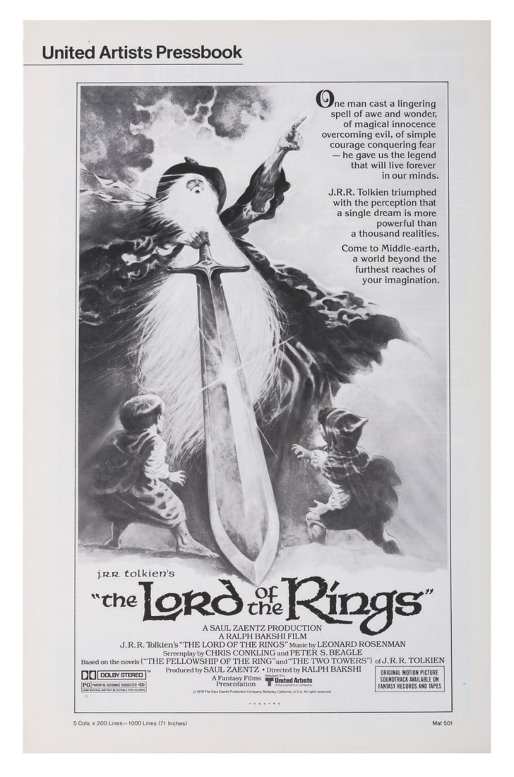 A "The Lord of the Rings" Press Book.: (United Artists, 1978) A press book for Ralph Bakshi's animated adaptation of "The Lord of the Rings." Measuring 11" x 17", the press book displays in very good condition with creases and discoloratio