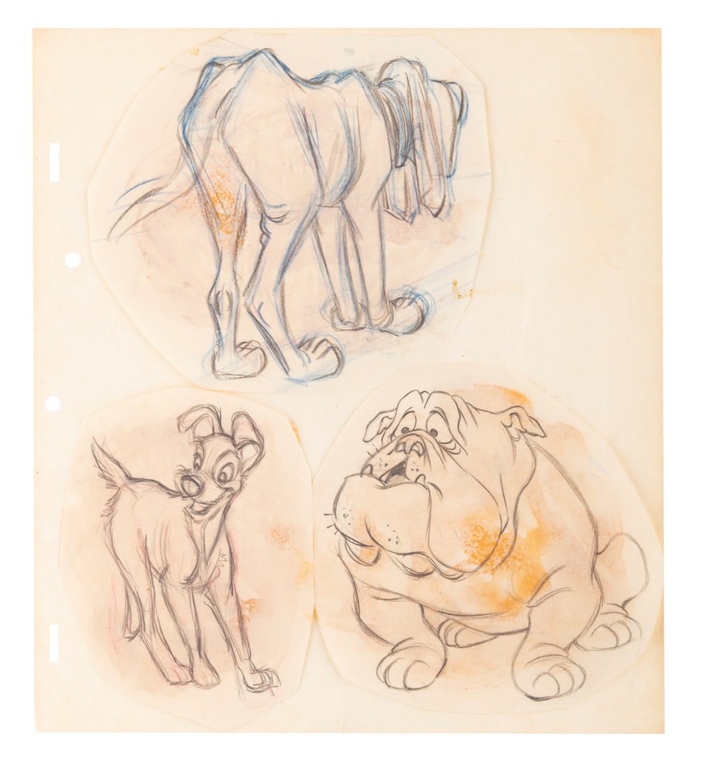 A Trio of "Lady and the Tramp" Character Sketches: (Disney, 1955) Three original model drawings featuring Trusty, Bull, and Tramp from "Lady and the Tramp." The drawings have been trimmed and applied to a 10.5" x 11.5" untrimmed sheet of animation pap