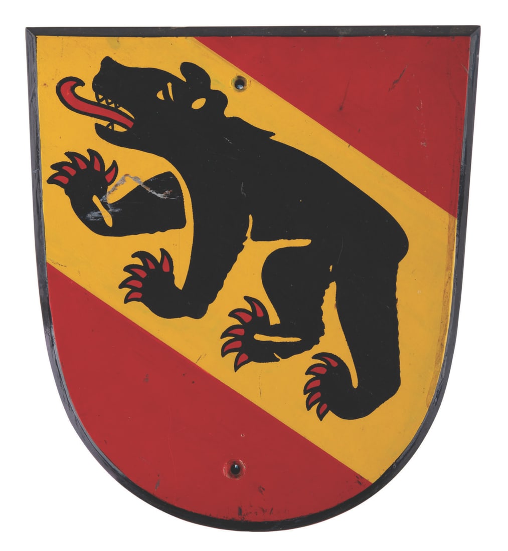 A Matterhorn Ride Queue Bern Crest.: (Disneyland, 1959-2018) An original crest from the Matterhorn Entrance, representing the Swiss state of Bern. The hand-painted wooden crest measures 9" x 10" and is in very good condition with expecte