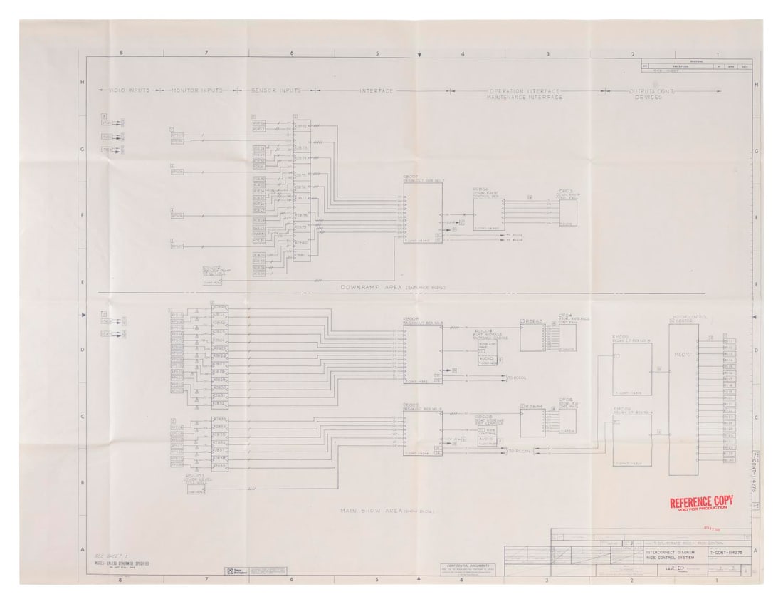 A Trio of Pirates of the Caribbean Construction Blueprints.: (Tokyo Disneyland, 1981) Three whiteprints - colloquially referred to as blueprints - used during the construction of Pirates of the Caribbean at Tokyo Disneyland. These primarily detail the attractio