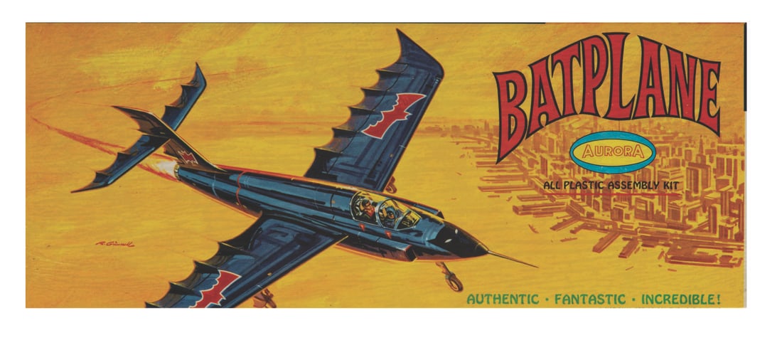 A Batplane Factory-Sealed Model Kit.: (Aurora, 1966) A factory-sealed model kit of the Batplane. Capitalizing on the popularity of the live-action series, the box art of Batman and Robin closely resembles Adam West and Burt Ward. While th