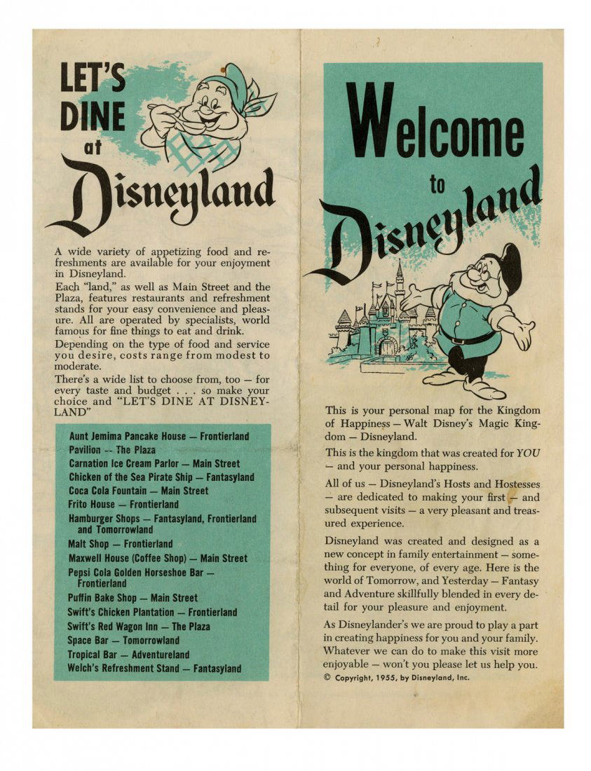 "Welcome to Disneyland" Gate Hand-Out.: (Disneyland, 1955) "Welcome to Disneyland" gate fold-out featuring a map of Disneyland as well as information on restaurants and attractions in the park. Measures 9"x13.5" unfolded. In good condition