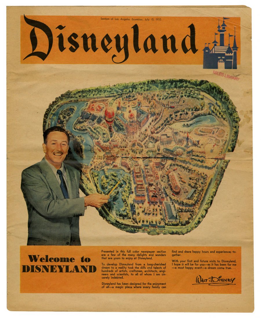 Los Angeles Examiner - Disneyland's Opening Day.: (Disneyland, 1955) News supplement covering the opening of Disneyland. Prominently features Walt next to a Disneyland map on the front. Measures 13.5"x11". 20 pages. In fair condition, with some teari