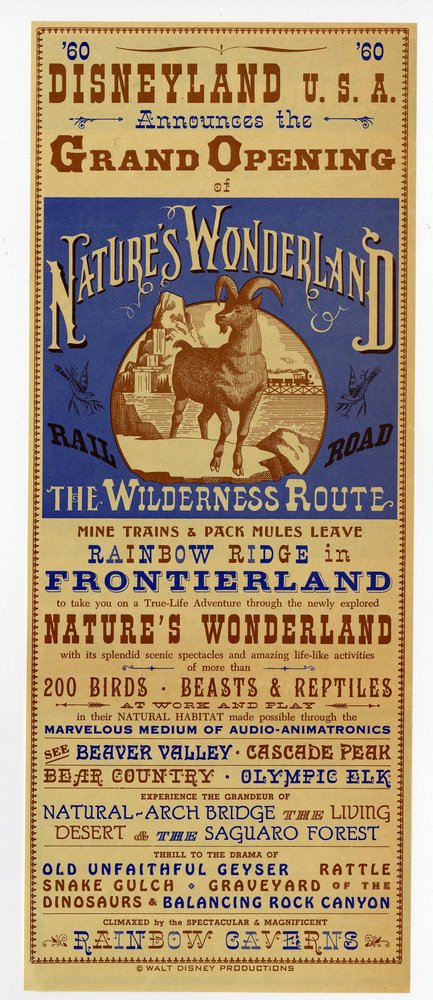 Grand Opening of "Nature's Wonderland" Gate Flyer.: (Disneyland, 1960) Disneyland flyer announcing the Grand Opening of Nature's Wonderland railroad with "more than 200 birds, beasts, & reptiles". Flyer is double-sided with an advertisement for "Americ