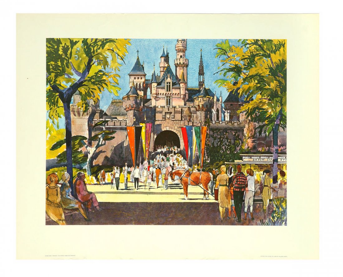 Sleeping Beauty Castle Lithograph for United Air Lines.: (Disneyland, 1960s) Beautiful lithograph created by Millard Sheets for United Air Lines. Measures 22"x28". In good condition with some edge-wear and dings.