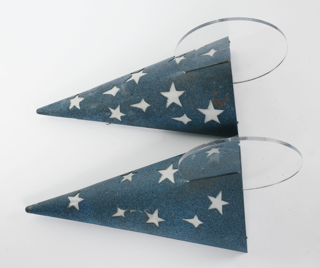 Pair Of Disneyland Hotel Entryway Lights.: (Disneyland, 2001) Large pair of Sorcerer Hat lights used in the entryway of the Disneyland Hotel. Measures 39"x18". The lights are in good condition with some chipping and wear to paint from use.