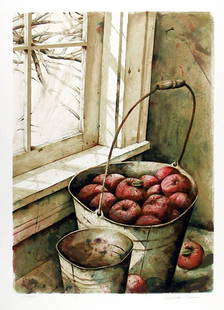 Nicholas Berger Signed Lithograph, Pail of Apples: Artist: Berger, Nicholas Title: Pail of Apples Year: c. 1980 Medium: Lithograph [Signed & Numbered] Edition: 300 Paper Size: 25" x 18" [63.5 x 45.72 cm] 