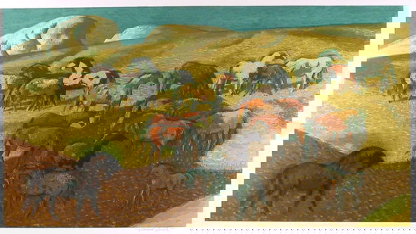 Millard Sheets, Signed Lithograph, Horse Pasture": Artist: Sheets, Millard Title: Brood Mare Pasture Year: Circa 1977 Medium: Lithograph Edition: 250 Paper Size: 24" x 35"