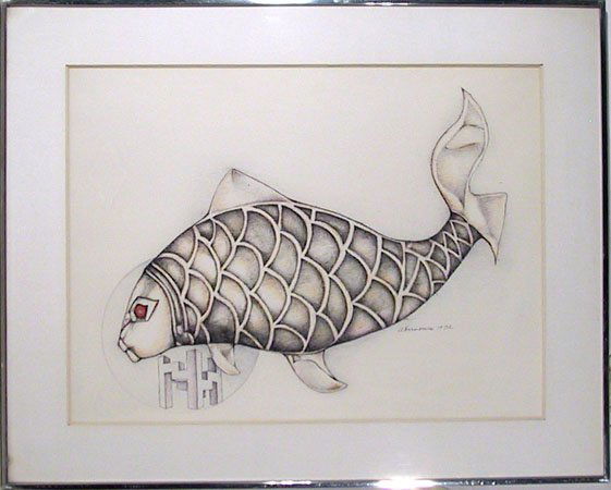 Rita Simon Framed Etching, Fish: Artist: Rita Simon (Atirnomis) Title: Fish Year: 1972 Medium: Etching, signed and