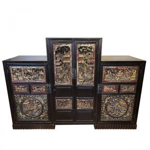 Antique Chinese Gilt & Hardwood Carved Cabinet: Antique Chinese Gilt & Hardwood Carved Cabinet. According to consignor this item was purchased in Shanghai in the early 20th century by their family members. This unique cabinet is reconstructed