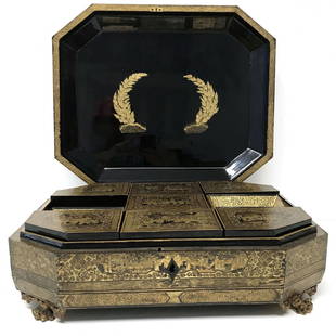 Antique Chinese Lacquer Covered Games Box Circa 1820: Antique Chinese Black and Gold Lacquer Covered Games Box with Inner Trays & Boxes, Circa 1820. Lots of intricate gilt scenery. Gilt painted interior trays and card holders, boxes contain four