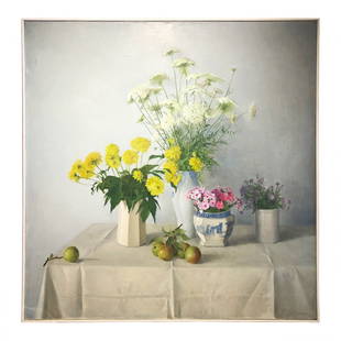 Original Oil Painting on Canvas by Raymond Han: TITLE: Still Life of Florals and Ceramics on Draped Table ARTIST: Raymond Han (1931-2017) MEDIUM: Oil Painting on canvasYEAR: 20th Century SIZE: FRAMED: Width 36 x Height 36.75 DESCRIPTION: Raymond