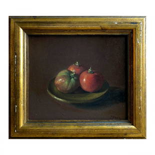 Original Oil Painting on Canvas by Raymond Han: TITLE: Still Life of Apples in Bowl ARTIST: Raymond Han (1931-2017) MEDIUM: Oil Painting on canvas YEAR: 20th CenturySIZE: 10 H X 12 W FRAMED: 14.75 H X 16.5 W CONDITION: Good (Frame - some wear and