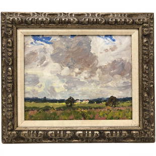 Original Painting on Canvas Whitney Myron Hubbard: TITLE: Cloud, depicting a landscape with heavy clouds above. ARTIST: Whitney Myron Hubbard (1875-1965) YEAR: 1922 MEDIUM: Oil on canvas SIZE: 9.5 x 7.5 FRAMED: 13.5 x 11.5 CONDITION: Good DESCRIPTION: