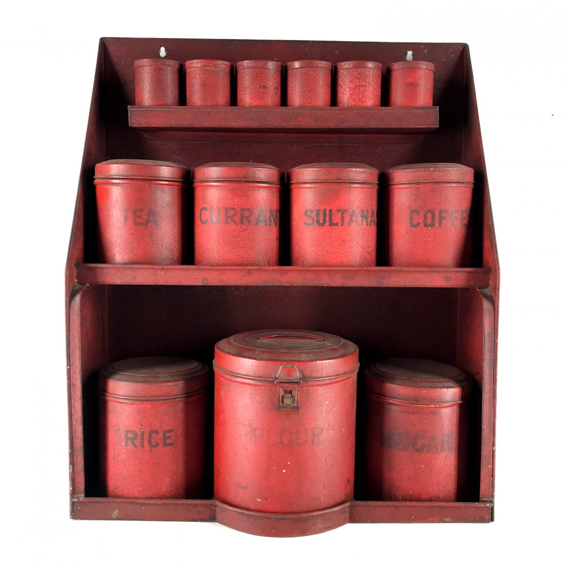 Antique Set of Tole Canisters and Orig Metal Wall Shelf (1 of 7)