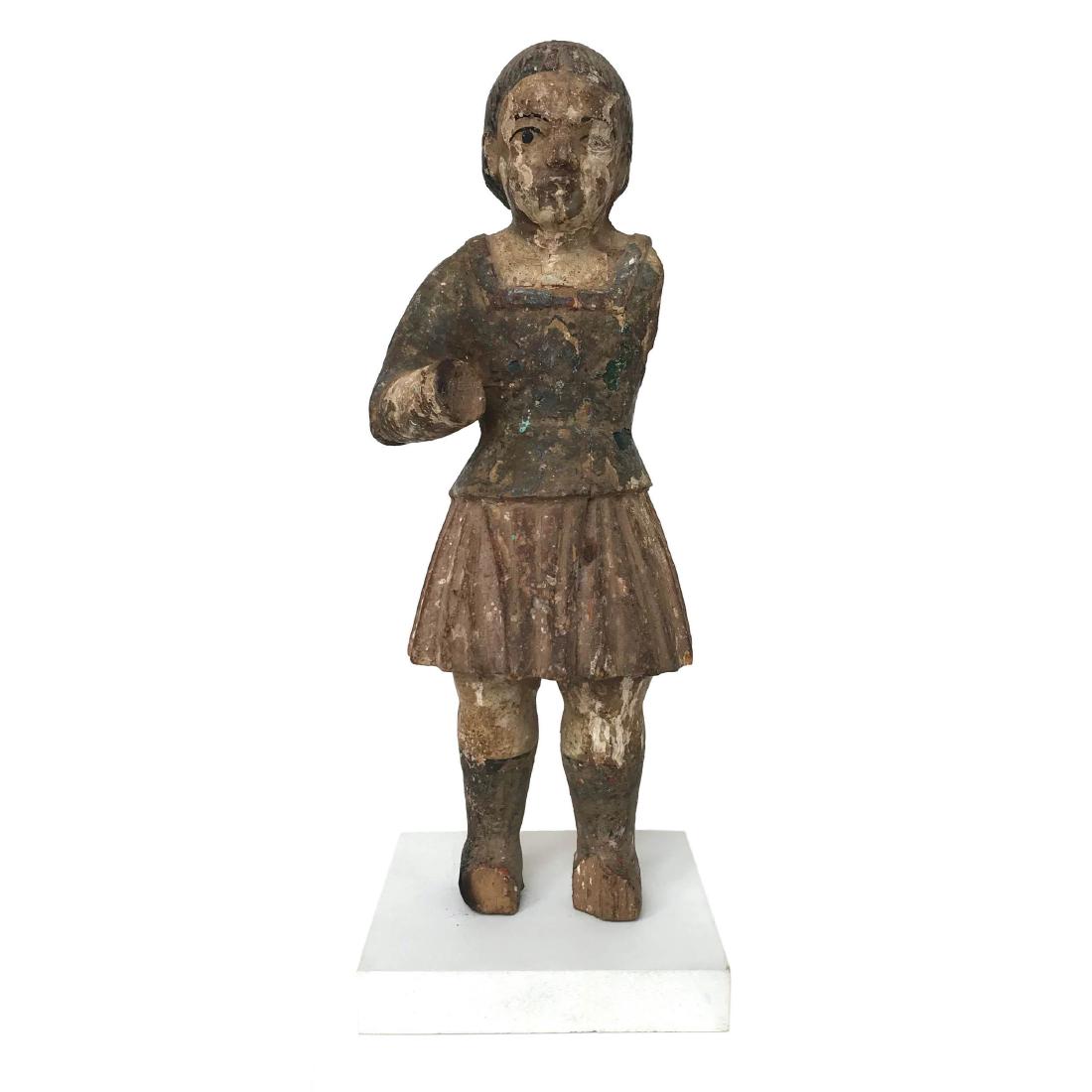 Antique 18th c Spanish Colonial Wood Carved Figure: Fantastic Antique Spanish Colonial Wood Carved Figure in what appears to be original paint 18th century We love the look of this piece regardless of the fact that its missing an arm, a hand, and both 