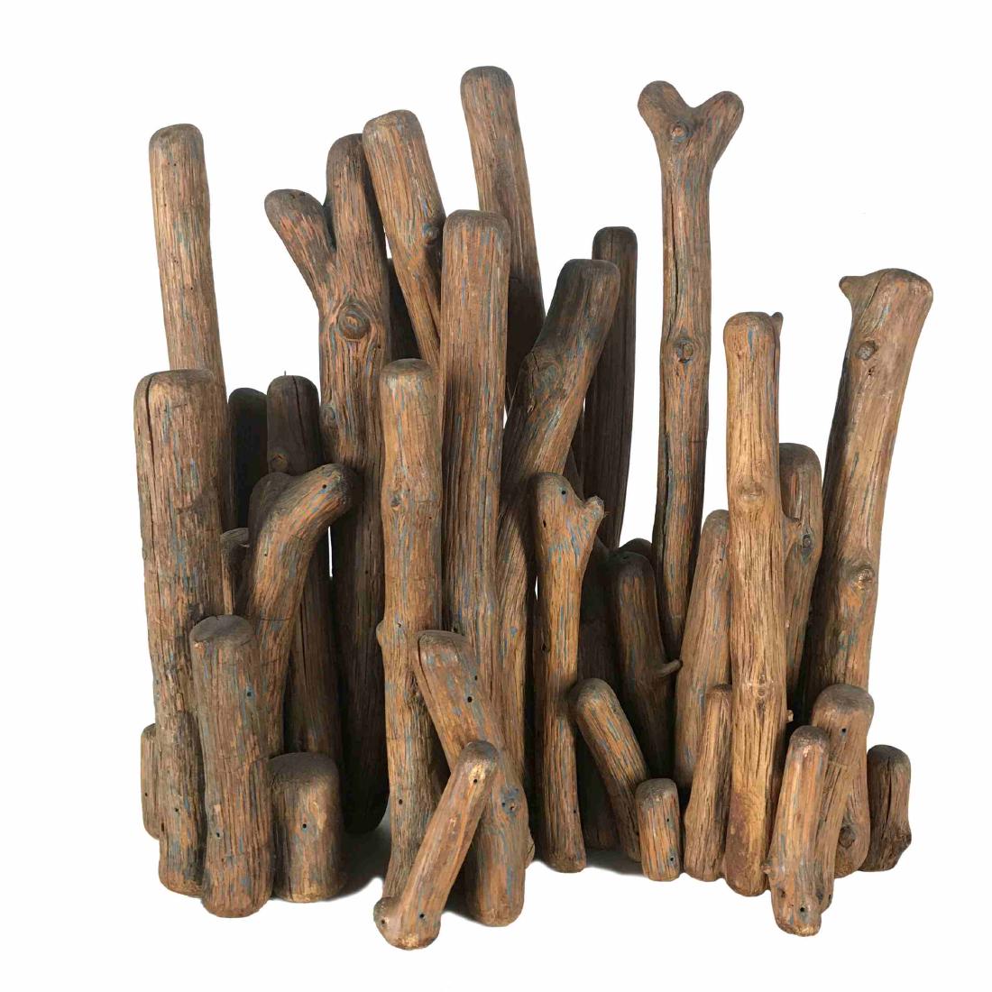 Large Twig/Wood Sculpture Crafted by Hubert Long: Hubert Long Constructivist Twig Sculpture. Large Twig and Wood Sculptured Piece by Artist Hubert Long. Signed. Approx 17 W x 17 H