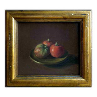 Original Oil Painting on Canvas by Raymond Han: TITLE: Still Life of Apples in Bowl ARTIST: Raymond Han (1931-2017) MEDIUM: Oil Painting on canvas YEAR: 20th CenturySIZE: 10 H X 12 W FRAMED: 14.75 H X 16.5 W CONDITION: Good (Frame - some wear