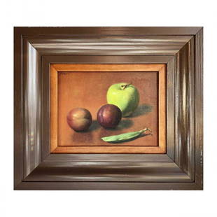 Original Oil Painting on Board by Raymond Han: TITLE: Still Life of Apple, Plumbs, Bean Bow ARTIST: Raymond Han (1931-2017) MEDIUM: Oil Painting on Board YEAR: 20th Century SIZE: 5.5 H X 7.5 W FRAMED: 11.75 H X 13.75 W CONDITION: GoodDESCRIPTION: