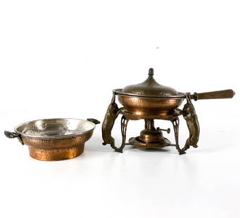 Joseph Heinrich Silver Hammered Copper Chafing Set: Wonderful American Sterling Silver Mounted Copper Chafing Dish with the Mark of Joseph Heinrich, New York and Paris. A chafing dish of this design is illustrated in Charles Venable, Silver in America