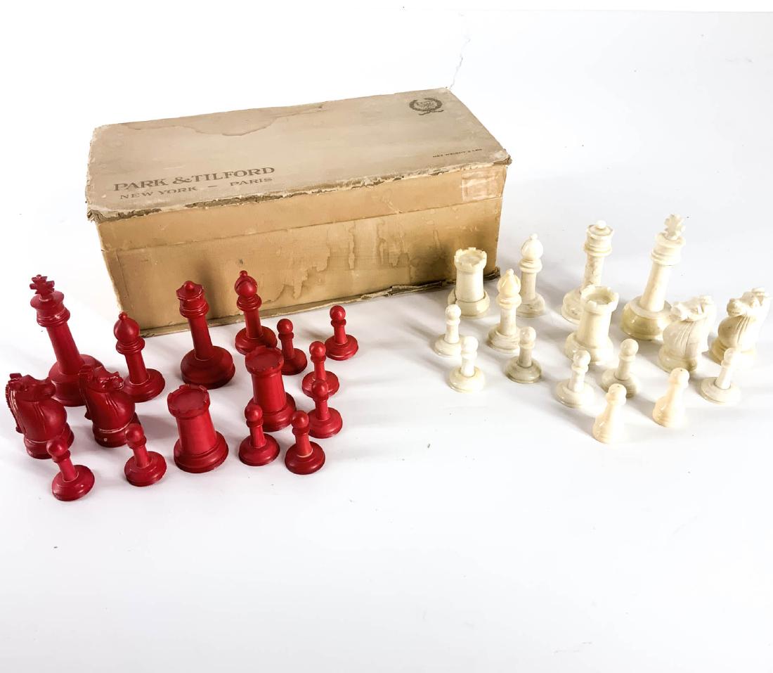 19th Century English Bone Chess Set: Antique 19th English Bone Chess Set - Possibly Staunton. With vintage box by Park & Tilford New York - Paris Largest - 3h x 1.25 diam. smallest - 1.25 x .75 diam.
