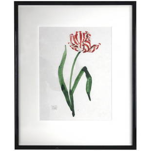 Original Watercolor Painting Michaele Vollbracht: TITLE: Tulip ARTIST: Michaele Vollbracht (B. 1947) Signed in ink lower left. MEDIUM: Watercolor on paper YEAR: 20th Century SIZE: 13 W x 17 H FRAMED: 22.5 W x 27 H DESCRIPTION: Accomplished artist, di