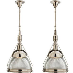 Pair of Custom Thomas OBrien Garey Pendant Lights: NEW IN BOXES - Pair of Custom Thomas O\'Brien Large 34 inch Garey Industrial PendantsPAIR Visual Comfort Thomas O'Brien Garey Industrial Pendant Lights Vintage modern lighting from the influential New