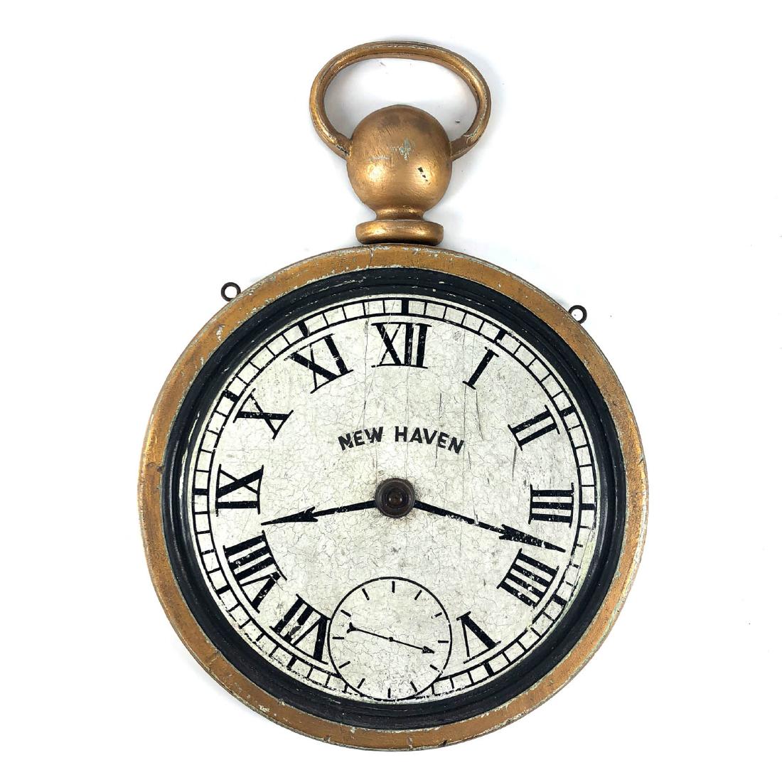 Wood Carved Pocket Watch Trade Sign: NEW HAVEN solid wood carved pocket watch trade storefront sign. This is a half sided wood carved vintage sign. Top is also carved wood and applied to the round sign. Painted surface. Not an antique, a