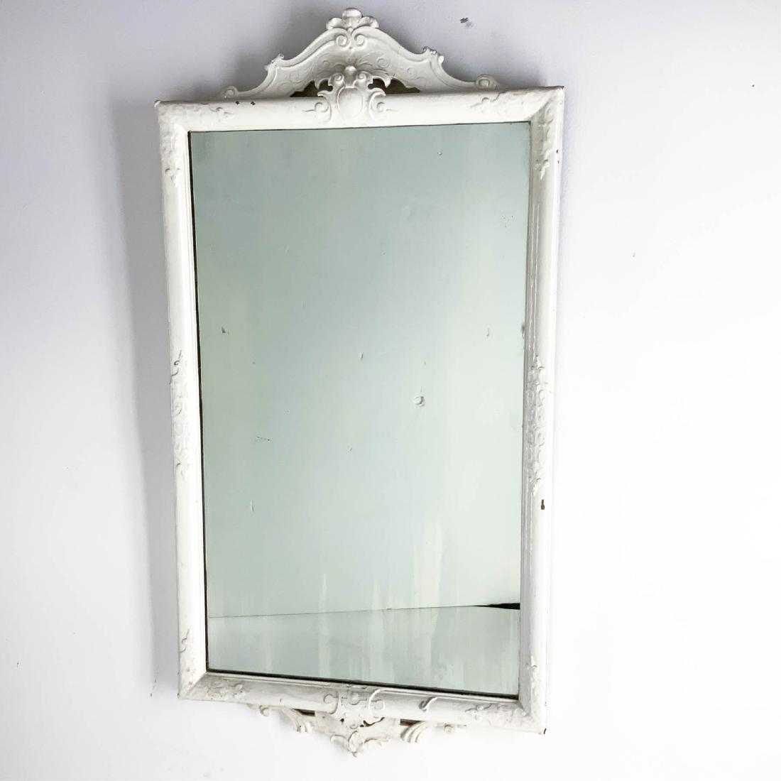 Antique White Painted Wood Carved Mirror: Antique white painted wood carved mirror. Measures- Frame - 37h x 20.5w Mirror - 29.5h x 17w