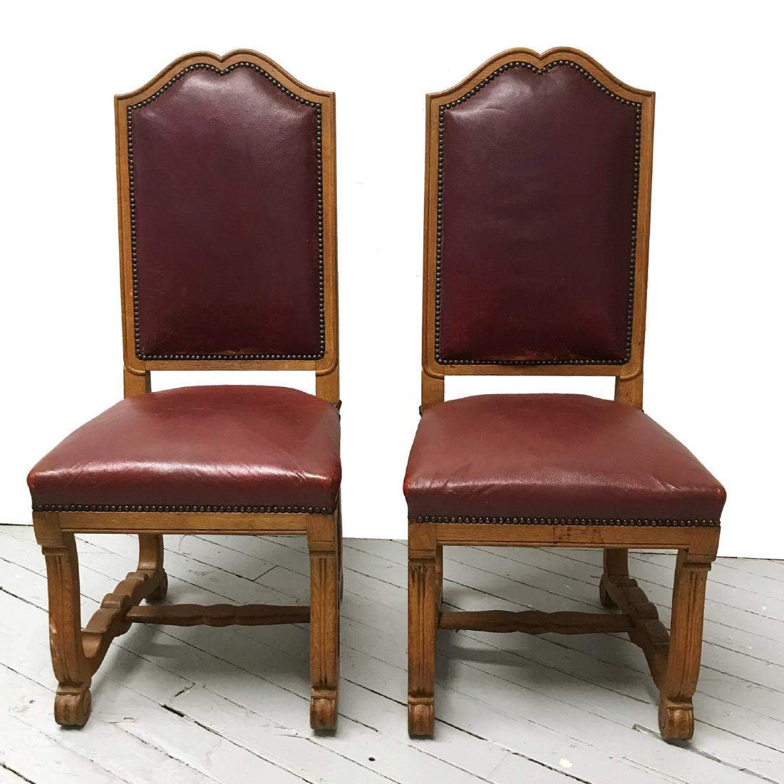 Pair Leather Oak Carved Louis XIII Style Chairs (1 of 13)