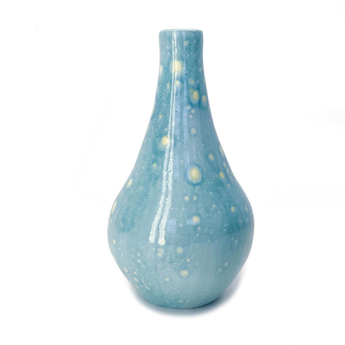 Artisan Made Mid Century Pottery Vase: Beautiful Artisan Made Mid Century Studio Art Pottery Vase in Aqua, Blue and Yellow. Signed M, 1965 It has a tiny chip on lid. 8.5h x 5w $14 flat fee boxing, packing, insurance, tracking and shipping 