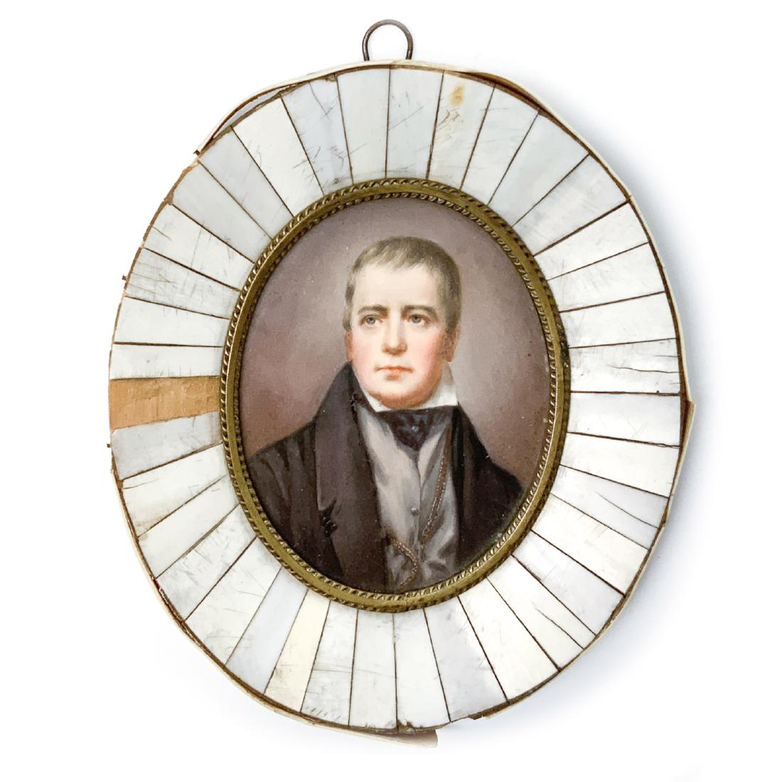 19th Century Miniature of Sir Walter Scott: Large Miniature Portrait of Sir Walter Scott in Original Bone Frame. Completed after an Original Painting by Artist Henry Raeburn, 1822 ( Frame damaged and has loss-missing bone pieces). Painting on b