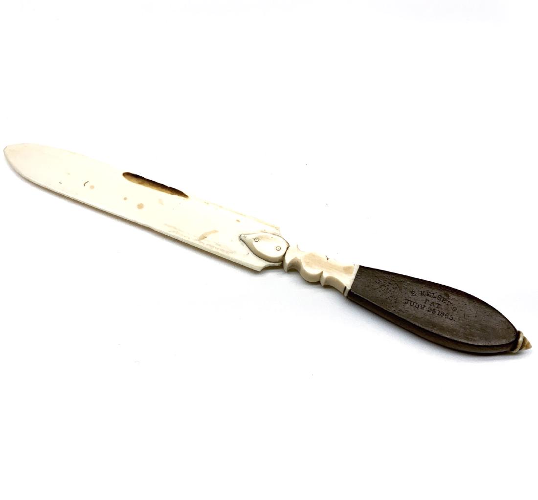 Antique Rosewood and Bone Letter Opener 1865: Antique Letter Opener - PATENTED July 25, 1865 by. E. Kelseys, Bone and Rosewood. 6.75 in. long $7.50 flat fee boxing, packing, insurance, tracking and shipping rate anywhere to U.S. or free pickup.