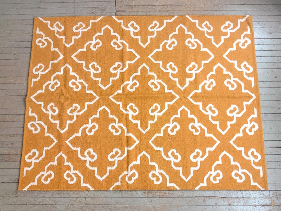 Orange White Wool Woven Accent Area Rug 80x63: Orange White Wool Woven Accent / Area Rug 80x63 Measures: 80x63 Small area of wear as seen in photo, measures 1.5 x 1 inch $25 flat fee boxing, packing, insurance, tracking and shipping rate anywhere