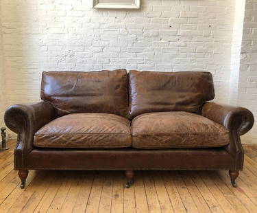 Tobacco Color Full Grain Leather Down Feather Sofa: Tobacco Leather Traditional Sofa with Overstuffed Down Feather Cushions. This couch has a distressed look, leather needs conditioning, no tears to leather, its solid thick top full grain hide, very th