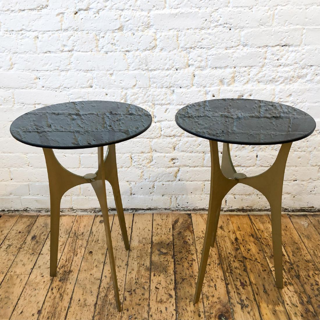 Pair Modern Glass Steel End Tables Aged Brass (1 of 12)