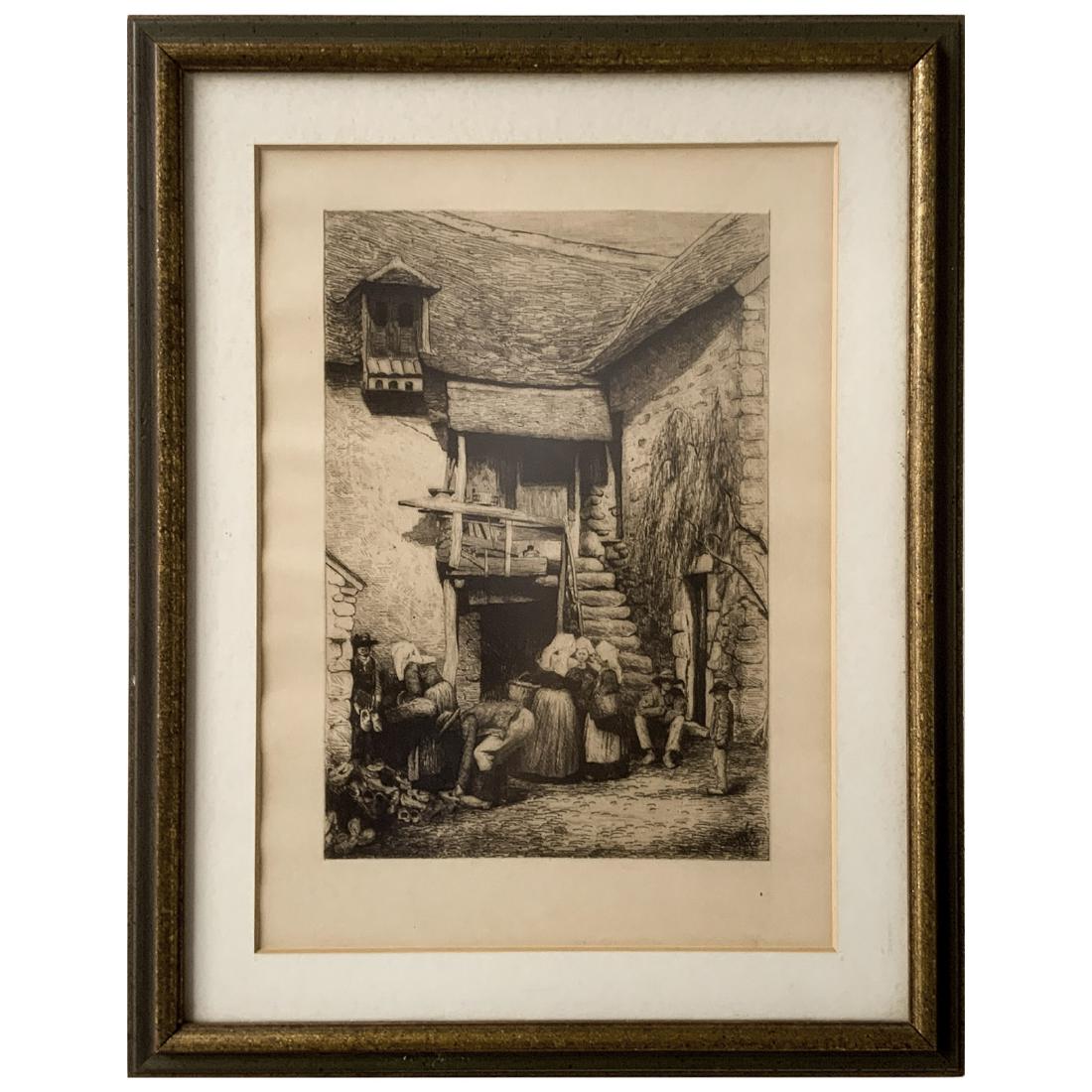 19th Century Etching, 1881: 19th Century Etching, 1881 Art- 8.5 w x 12 h Overall- 12.75 w x 16 h Dated 1881 lower right with heart shaped signature or makers mark. Cross with a double heart possibly. $25 flat fee boxing, packing