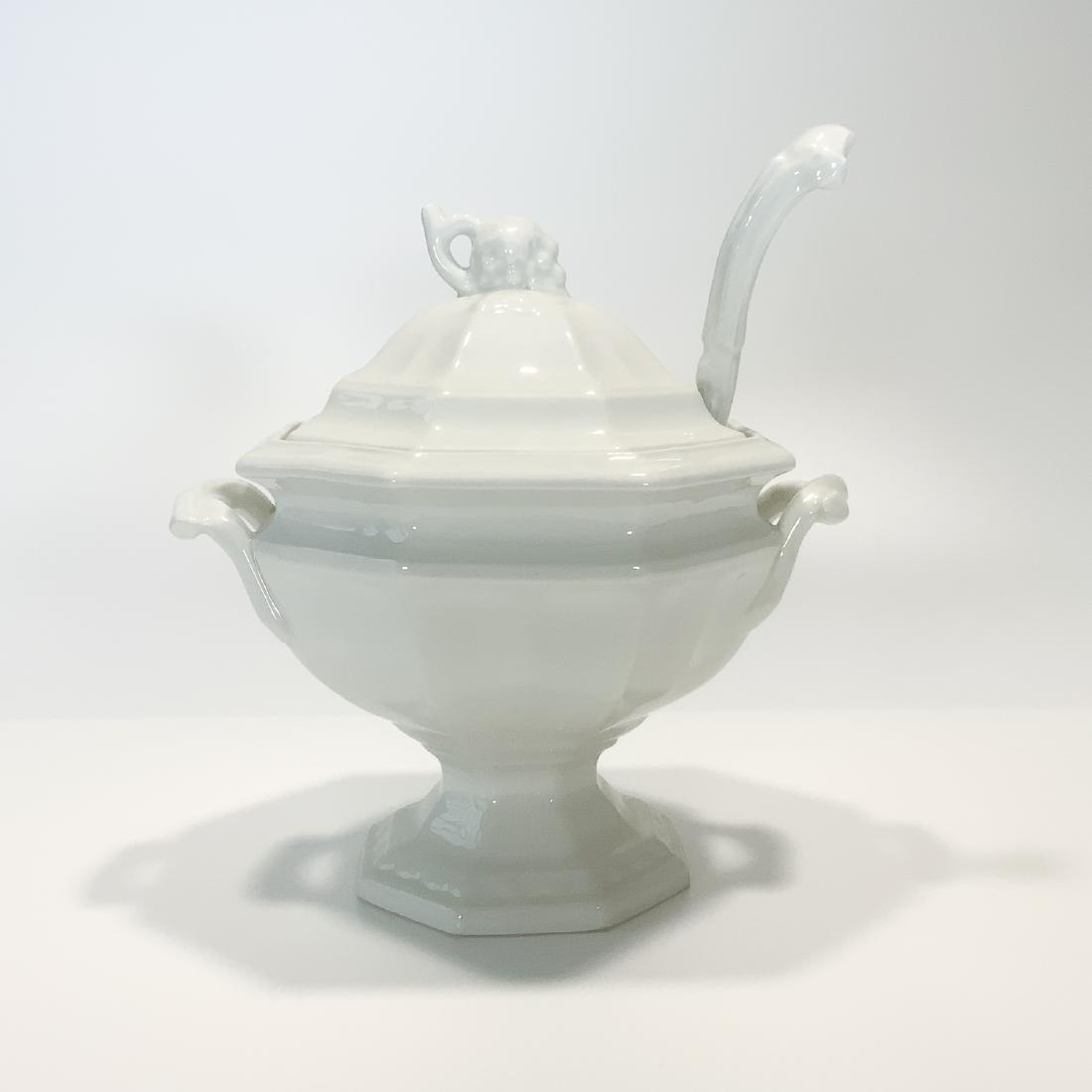 19th Century Ironstone Soup Tureen w/Ladle: 19th Century Ironstone China Covered Soup Tureen with Ladle. Measures 12h x 12w $38 flat fee boxing, packing, insurance, tracking and shipping rate anywhere to U.S. or free pickup.