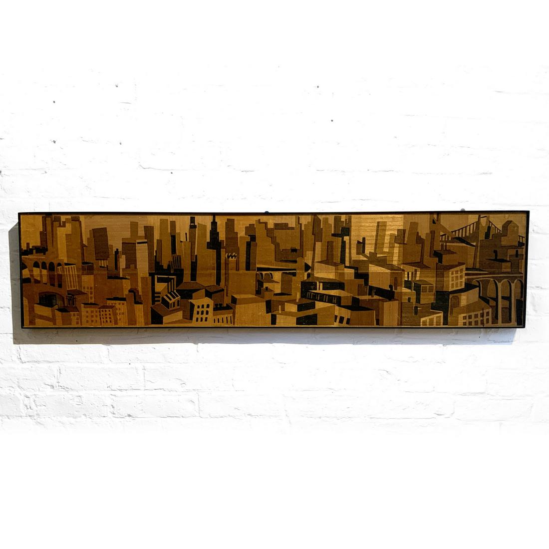 Mid Century Mod Woodcut Skyline Wall Art: Unique Mid Century Modern - Woodcut Woodart Skyline Wall Piece. Featuring light and dark toned wood pieces in a form representing a city skyline. Unsigned. 48w x 11h x 1.5d $60 flat fee boxing, packin