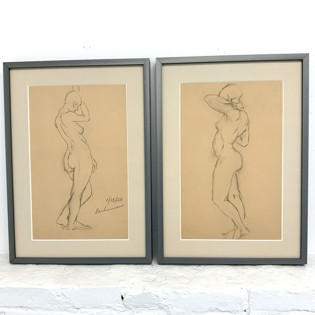 Pair of Nude Women Sketches Signed Dated 1926: A Pair of Sketch of Nude Woman, 1926 New Custom made metal frame in aged silver /grey color. Signature indecipherable. Each measures: 16 w x 22 h x 1.25 d Due to the size/weight of this item, shipping