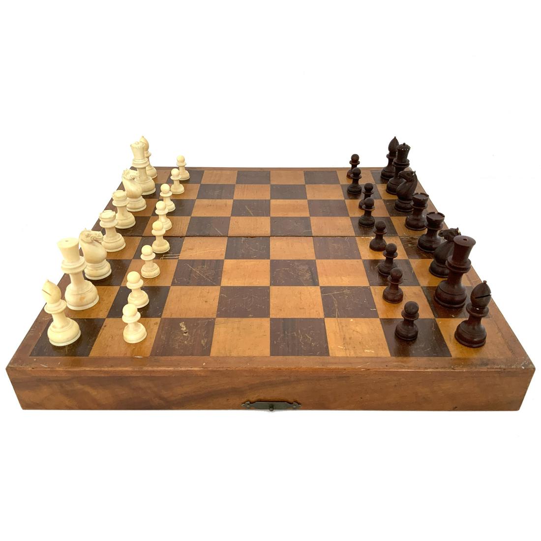 Antique Bone Chess and Wooden Chessboard Case: Antique Chess and Wooden Chessboard Set - The full chess piece set is housed within the chessboard as a case with a latch. Chess pieces appear to be bone but untested, some damage to the small edges o