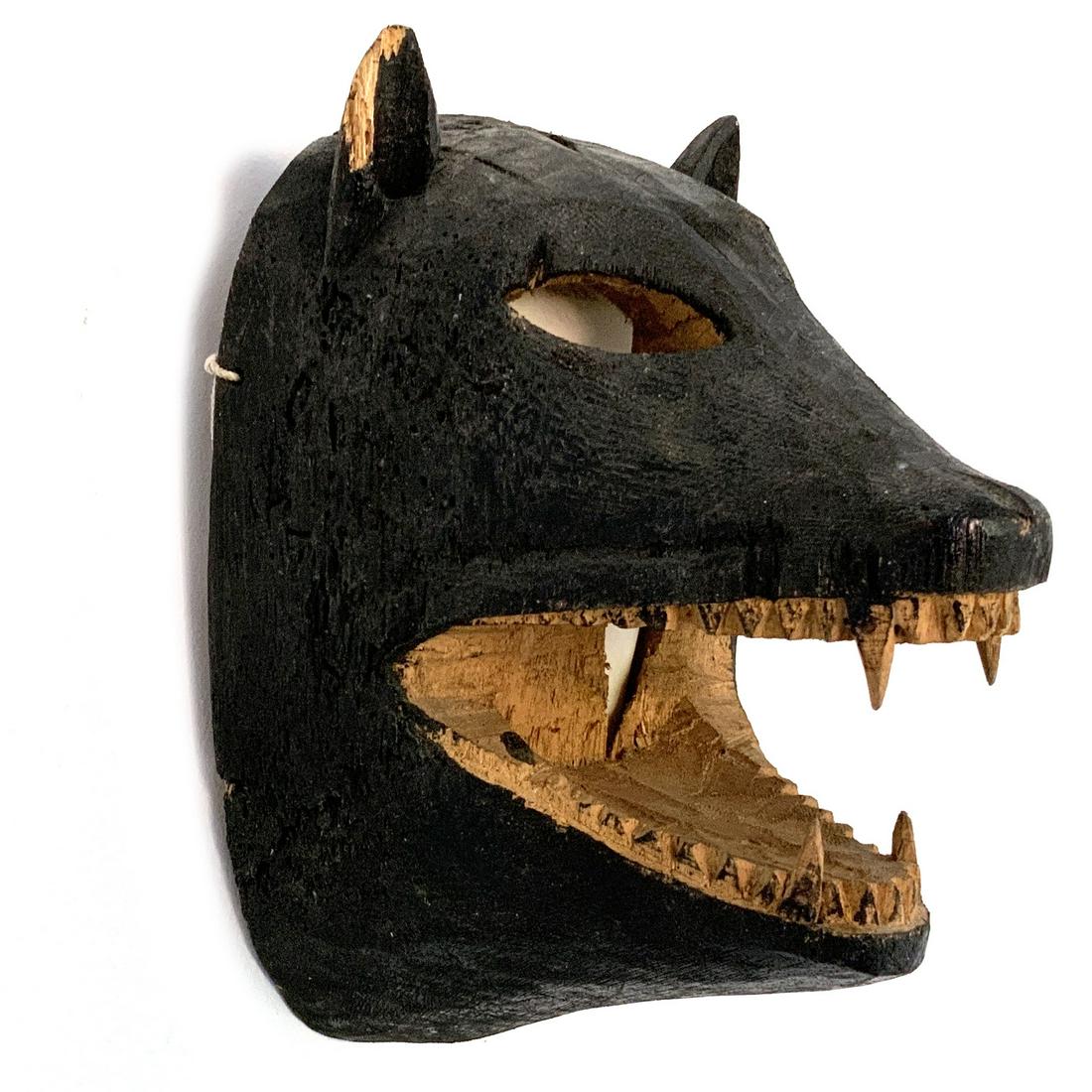 Antique Hand Carved Wood Wolf Nahuatl Aztec Mask: El Lobo Wolf Mask , Guenero, Mexico - As noted on the note attached to the mask, it was handcrafted by the Nahuat Indians - the descendants of the Aztex and speak Nahuatl - the Aztec language. This ma