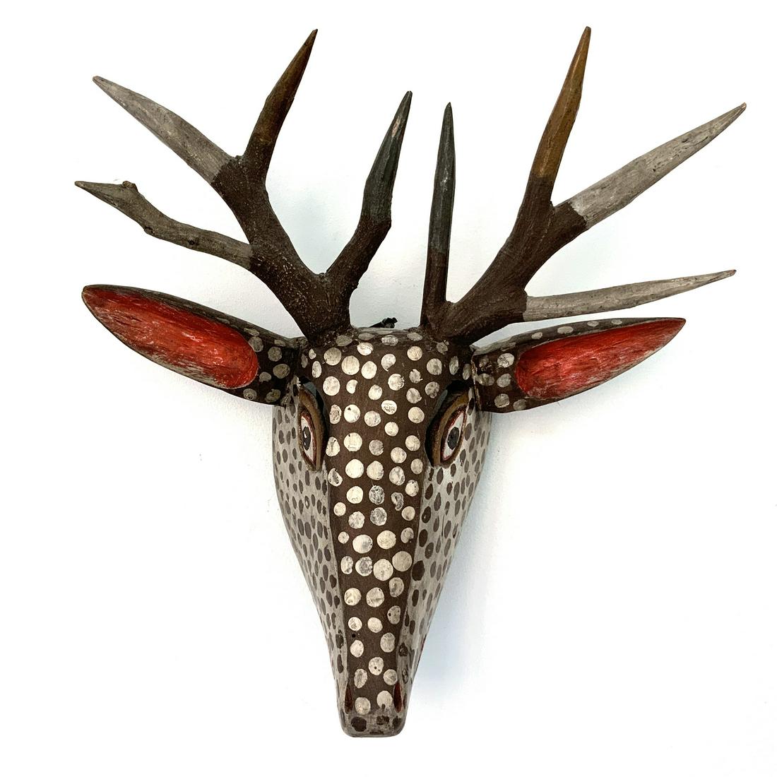 Vintage Hand Carved Wood Deer Carnival Dance Mask: Deer Carnival Dance Mask Hand Carved Wooden from Carpinteros, Mexico Carnaval mask from Carpinteros, Hidalgo, Mexico 15 h x 13.5 w x 5.5 d $30.00 fee boxing, packing, insurance, tracking and shipping