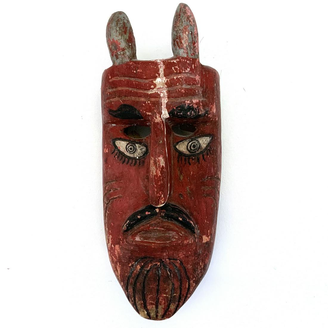 Vintage Mexican Red Diablo Carved Wood Dance Mask: Vintage Mexican Wooden carved Red Diablo Mask, A couple of original tags are attached, one has mention of antique and price of $150 14 h x 6 w x 4.25 d $19.95 flat fee boxing, packing, insurance, trac