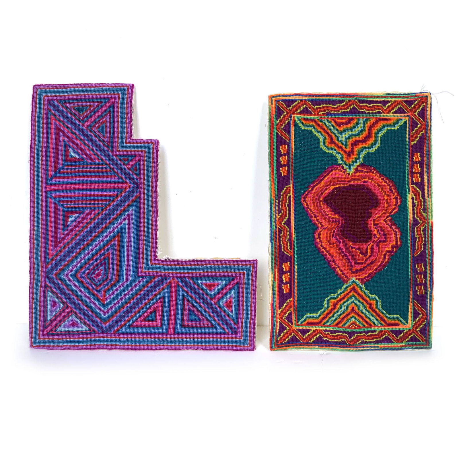 Pair of David Bell Folk Art Needlepoint Abstract Panels (1 of 5)