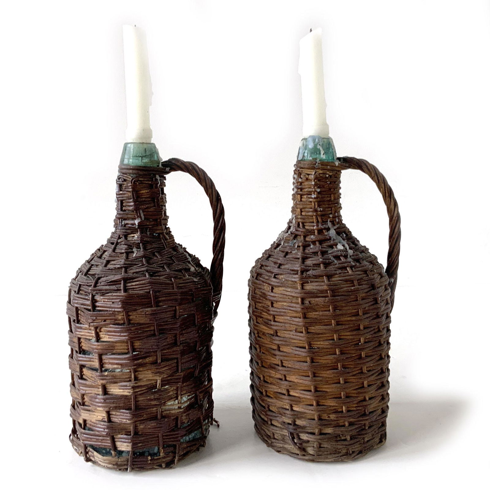 Pair Old Wicker Wrapped Glass Bottles (1 of 6)