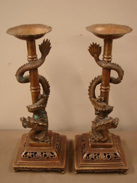 Pair of antique Oriental serpent candle stands: Dimensions: 16" h