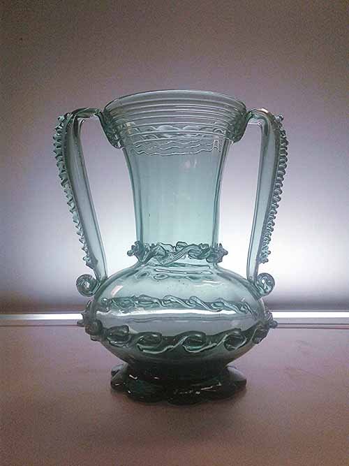 Possible Old Early Historical American South Jersey Art: Possible Old Early Historical American South Jersey Art Glass Threaded footed Double handled Vase with Ornate Rigaree Detail.Size: 9-10" Color: Jersey Light Olive Green.Condition: extensive wear to co