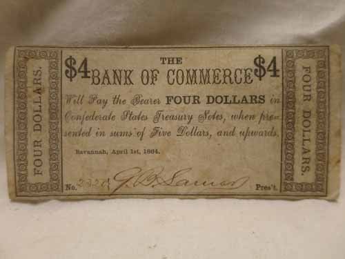 Savannah Bank of Commerce $4 bill dated April 1, 1864 (1 of 1)
