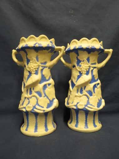 Parian Pottery: Pair of Blue & White Vases with: Parian Pottery: Pair of Blue & White Vases with Peacocks & Grapes